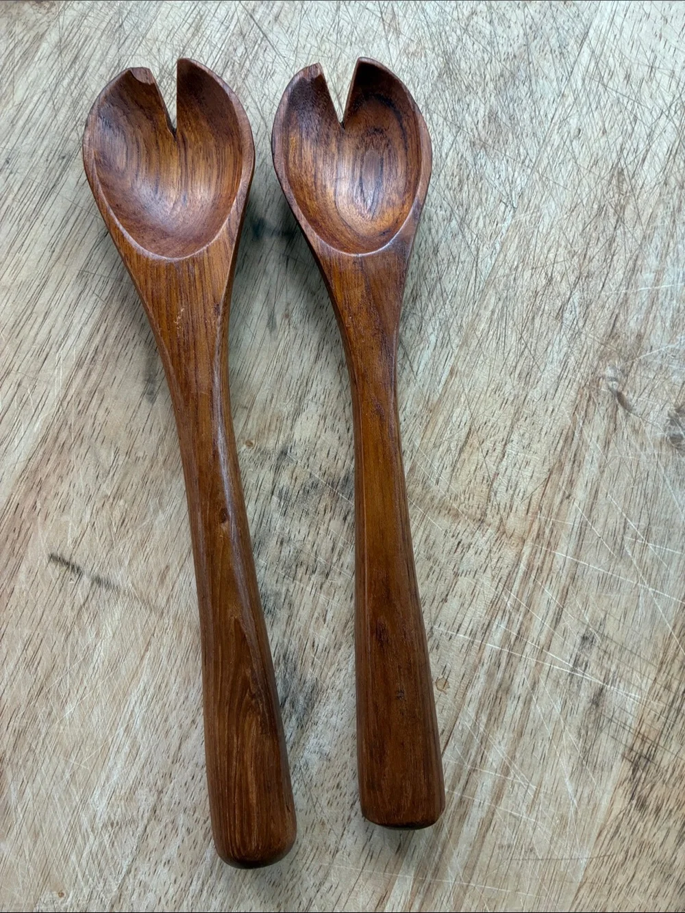 Teak Fat Bottom Wooden Salad Serving Spork Set Super Heavy Substantial Danish